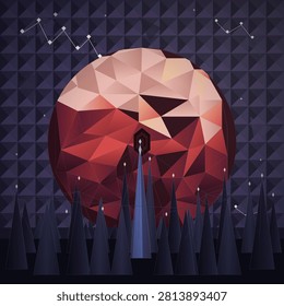 A geometric low-poly illustration depicts a massive crimson moon dominating a starry night sky above a dark forest of sharp triangular trees, with a glowing blue beam rising from the center toward a mysterious hexagonal portal.