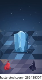 A geometric low-poly illustration featuring a large central blue crystal surrounded by smaller red and dark crystals against a faceted night sky background with scattered stars and floating triangular shapes.
