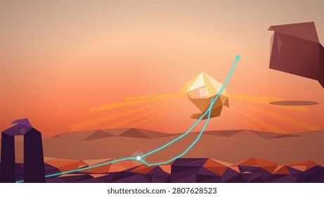 A geometric low-poly landscape bathed in warm sunset hues features a glowing cyan trajectory arcing across the sky toward a luminous floating polyhedron, while angular purple and brown mountains frame the surreal horizon.