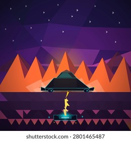 A geometric low-poly spacecraft hovers above a glowing portal in a dark, angular landscape illuminated by jagged orange peaks under a starry purple night sky.
