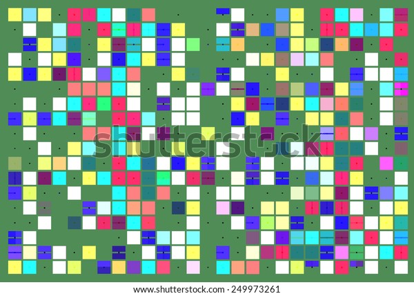 Geometric\
multicolored mosaic of solid squares (some with dividers) and\
random gaps, with a scattering of small black dots, on medium green\
background, for tiled art deco\
effect