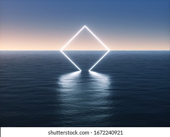 Geometric Neon Light Portal On The Sea. 3d Rendering - Illustration.