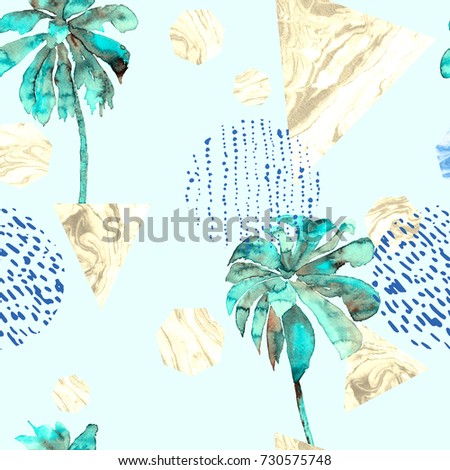 Geometric palm pattern. Trendy creative seamless rapport with banana trees, triangles, marble, ebru, halftones, dots, lines, heptagones. Swimwear summer abstract jungle background. Memphis geometry.