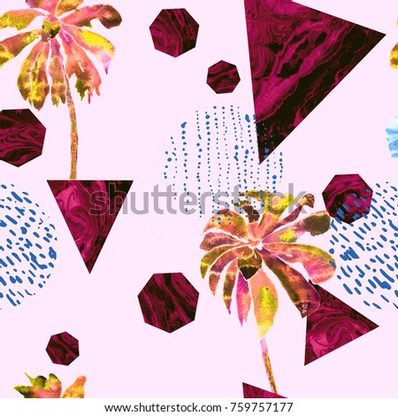 Geometric palm pattern. Trendy creative seamless rapport with banana trees, triangles, marble, ebru, halftones, dots, lines, heptagones. Swimwear summer abstract jungle background. Memphis geometry.