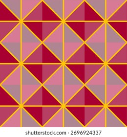A geometric pattern composed of red and pink triangles divided by bright yellow lines, forming a striking and modern symmetrical design.