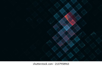 Geometric pattern of digital blue turquoise squares, flickering effect of multilayered grid with pinky accent in dark space. Great as cover print for electronics, artwork, poster or element of design.