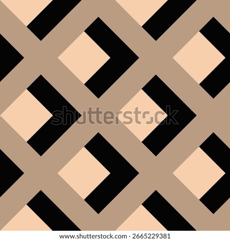 A geometric pattern features overlapping squares and diamonds in shades of black, beige, and tan. The design creates a visually striking, symmetrical lattice effect.