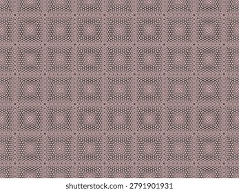 Geometric pattern repeats in soft earthy tones. Symmetrical shapes create a mesmerizing visual rhythm. Tones blend warm and cool hues for calm aesthetic. Suitable for backgrounds, textiles