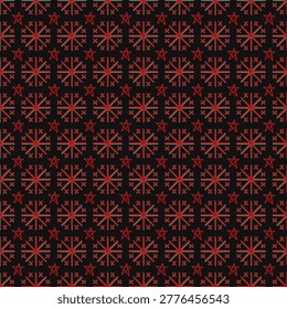 Geometric pattern seamless. Red star and black  pattern.Design for fabric,clothes,wallpaper,cover,tile,clothing and texture.Pattern traditional on blackbackground.
