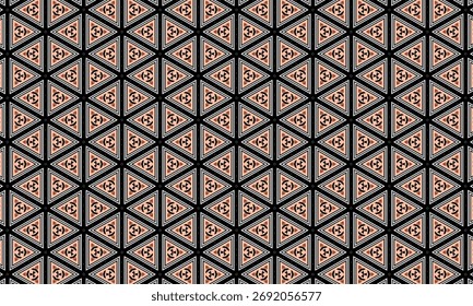a geometric pattern with triangles in black, white, and peach colors, creating a seamless and repetitive design