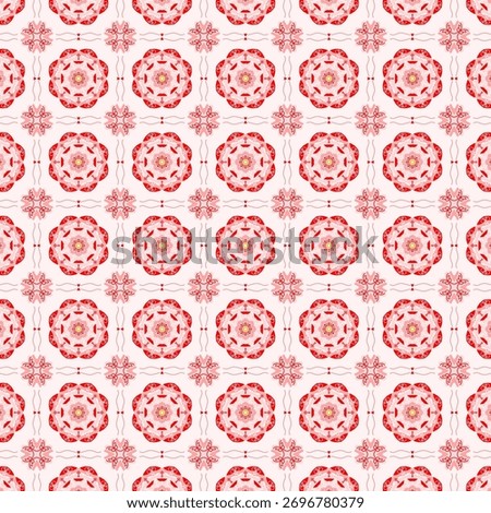 Geometric patterns, dark red, light red, yellow and white flowers mixed together, suitable for printing on fabric, wallpaper, packaging and fashion design.