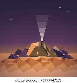 A geometric polygonal lighthouse casts a luminous beam across a starry purple twilight sky above angular desert mountains and rolling sand dunes.