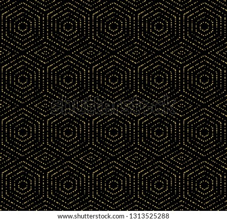 Geometric repeating ornament with hexagonal dotted elements. Geometric modern ornament. Seamless abstract modern black and golden dotted pattern