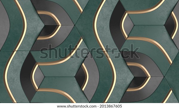 Geometric seamless 3D pattern in green with gold and black elements. Centric series. 3d illustration.