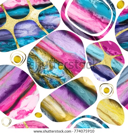 geometric seamless pattern. Acrylic background. Abstract art. gold grunge texture with watercolor blue, pink stripes. Hand painted summer illustrated pattern.