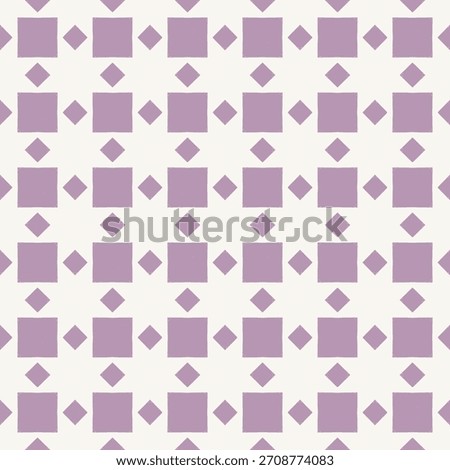 Geometric seamless pattern with purple squares and diamonds on white