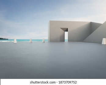 Geometric Shape Architecture And Empty Concrete Floor For Car Park. 3d Rendering Of Abstract Gray Building With Clear Sky Sea Background.