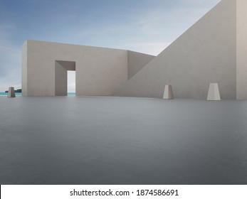 Geometric Shape Architecture And Empty Concrete Floor For Car Park. 3d Rendering Of Abstract Gray Building With Clear Sky Sea Background.