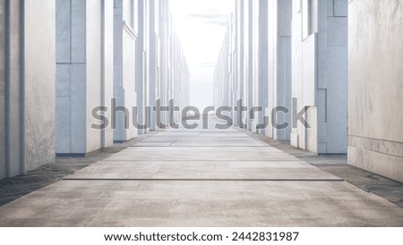 Geometric shape column with gray concrete floor. 3d illustration of abstract structure design for future architecture.