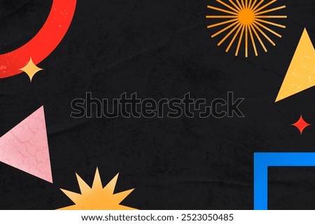 Geometric shapes border frame background, memphis design. Funky and colorful memphis pattern on paper texture background. Black and dark background.