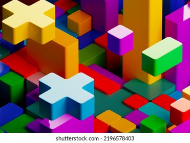 Geometric Shapes In Different Colors. Wooden Blocks, Different Primary Shapes. Different Colorful Shapes Wooden Blocks On Light Background. 3D Image