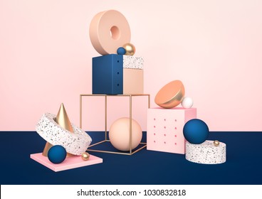 Geometric shapes interior. Trendy 3d render illustration for social media banners and promotion. Pastel colors primitives on background. Abstract realistic composition in modern style.