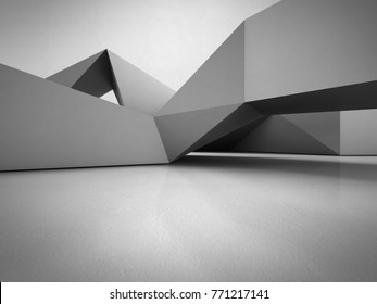 Geometric Shapes Structure On Concrete Floor With Empty Gray Wall Background In Hall Or Modern Showroom, Construction Technology For Future Architecture - Abstract Interior Design 3d Illustration