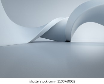 Geometric Shapes Structure On Empty Concrete Floor With White Wall Background In Hall Or Modern Showroom, Construction Technology For Future Architecture - Abstract Interior Design 3d Illustration