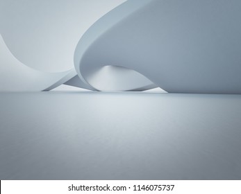 Geometric Shapes Structure On Empty Concrete Floor With White Wall Background In Hall Or Modern Showroom, Construction Technology For Future Architecture - Abstract Interior Design 3d Illustration