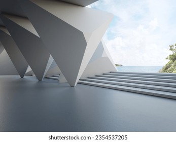 Geometric shapes structure on gray concrete floor. Abstract architecture design 3d illustration.