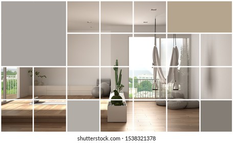 Geometric Square Mosaic Graphic Effect With Copy Space For Text, Presentation Template, Mockup Idea, Empty Yoga Studio, Open Space With Mats And Accessories, Concept Interior Design, 3d Illustration