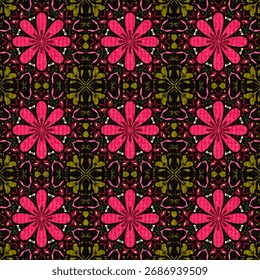	
Geometric square patterns, designed fabric patterns, background, flowers