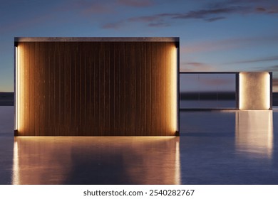 Geometric structure with backlit panels on a reflective surface against a twilight sky. Concept of futuristic architecture. 3D Rendering