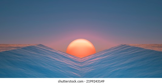 geometric surreal seascape and sunset  3d rendering
