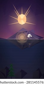 Geometric twilight landscape featuring a radiant faceted sun hovering above a mirrored crystalline mountain reflecting a soaring bird, with stylized pine trees silhouetted against a deep purple gradient sky.