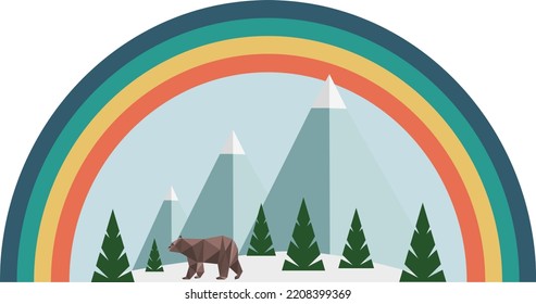 Geometric Winter Mountain Bear With Rainbow