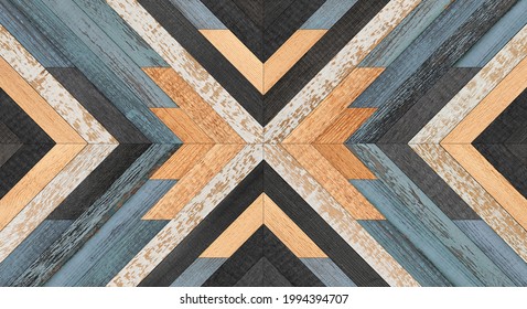 Geometric Wooden Background. Wood Texture. Wooden Wall With Tribal Pattern Made Of Old Weathered Planks. 