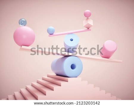 Geometrical elements on balance. Impossible equilibrium. This is a 3d render illustration