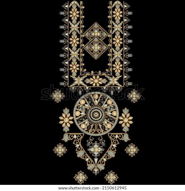Geometrical embroidery neckline design , Digital\
and textile print on fabric , black background , Round swirl motif\
digital and textile print on\
fabric
