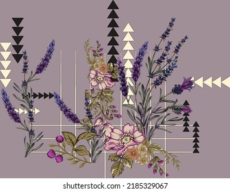 Geometrical Style Floral Art Work  Black And White Colourful Motifs With Vintage Style Flowers And Stems Leaves For Textile Print Stock Illustrations