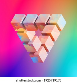 Geometry of the impossible_ Impossible triangle or Penrose triangle with striking colors. 3d illustration.