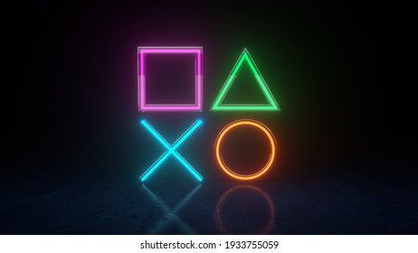 Geometry Neon lights in the room with Modern Blue Ambient lights background. Game symbols playstation 5 icons on a black background. Cross triangle square circle. 3D Render