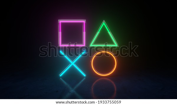 Geometry Neon lights in\
the room with Modern Blue Ambient lights background. Game symbols\
playstation 5 icons on a black background. Cross triangle square\
circle. 3D\
Render