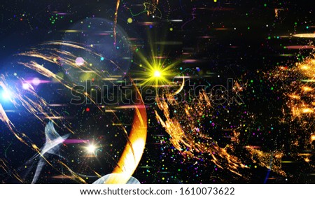 Geometry of virtual space. Artistic colored abstraction contains space, planet, galaxy, stars, cosmos, sea, earth, sunset, globe, abstract shapes. Illustration from NASA