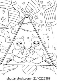 Geometry White Background Black Contour Coloring Book Pages For Adults Kids Children Cute Sweet Lovely Little Mammals Alpaca Llama Twin Babies Playing Tent Camp Home Cozy Kawaii Japanese Asian Style