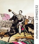 George McClellan (1826-1885) on galloping ahead of his staff and army in a popular print of 1862.