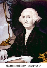 George Washington (1732-1799), U.S. President (1789-1797), Lithograph By Nathaniel Currier After Painting By Gilbert Stuart