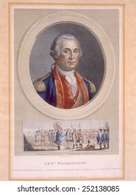 George Washington Hand Colored Engraving With Vignette Of The British Surrender At The Battle Of Yorktown, 1781