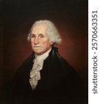 George Washington, Rembrandt Peale. Vintage man portrait. Vintage man art drawing illustration, man male portrait old painting art print illustration. Vintage portrait painting.