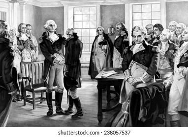 George Washington Says Farewell To His Troops At Fraunces Tavern, New York, 1783, Painting By Hintermeister,